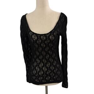 Black Lace Sheer Long Sleeve Fitted Scoop Neck Top Women’s Size S